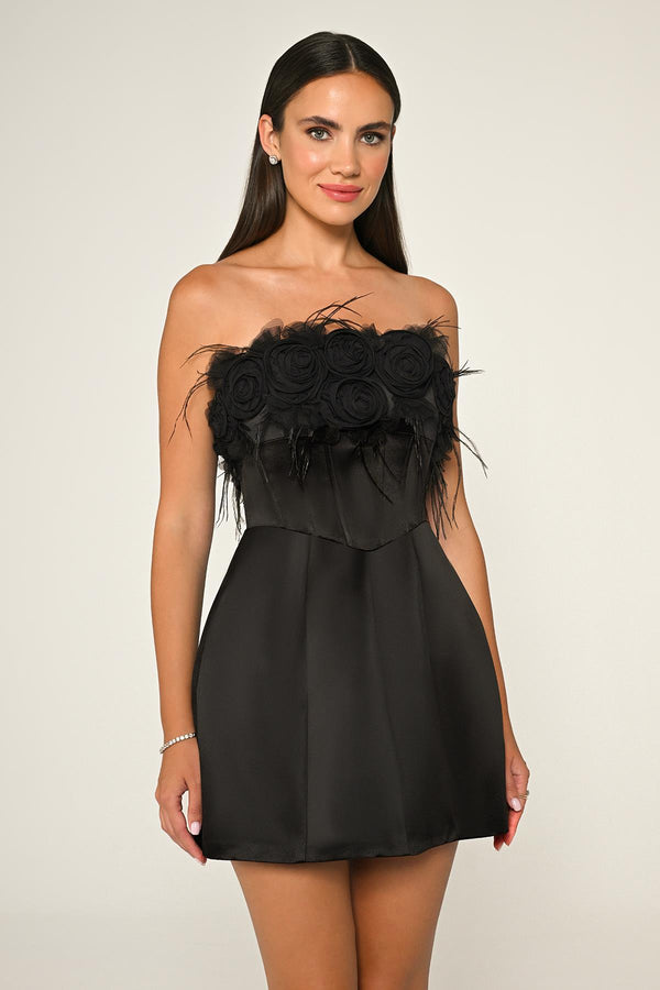 Strapless Top with Floral Accessory Matte Satin Short Dress