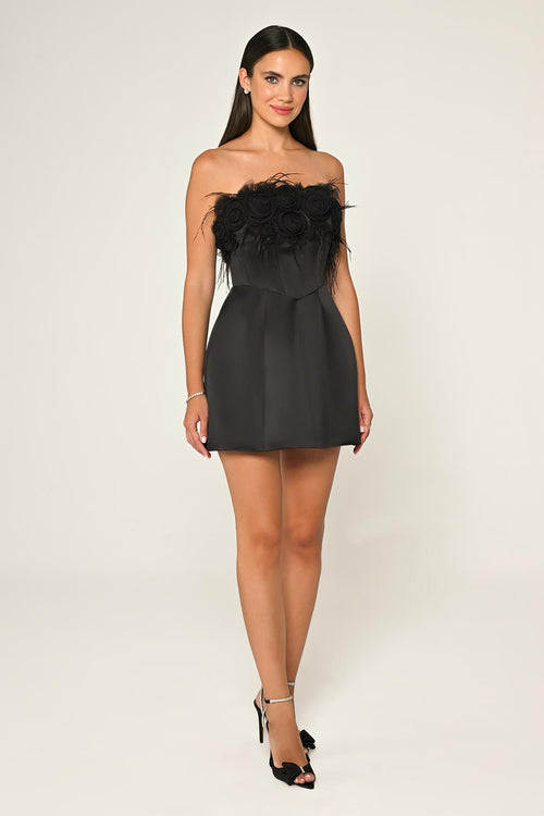 Strapless Top with Floral Accessory Matte Satin Short Dress