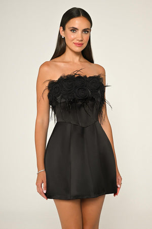 Strapless Top with Floral Accessory Matte Satin Short Dress
