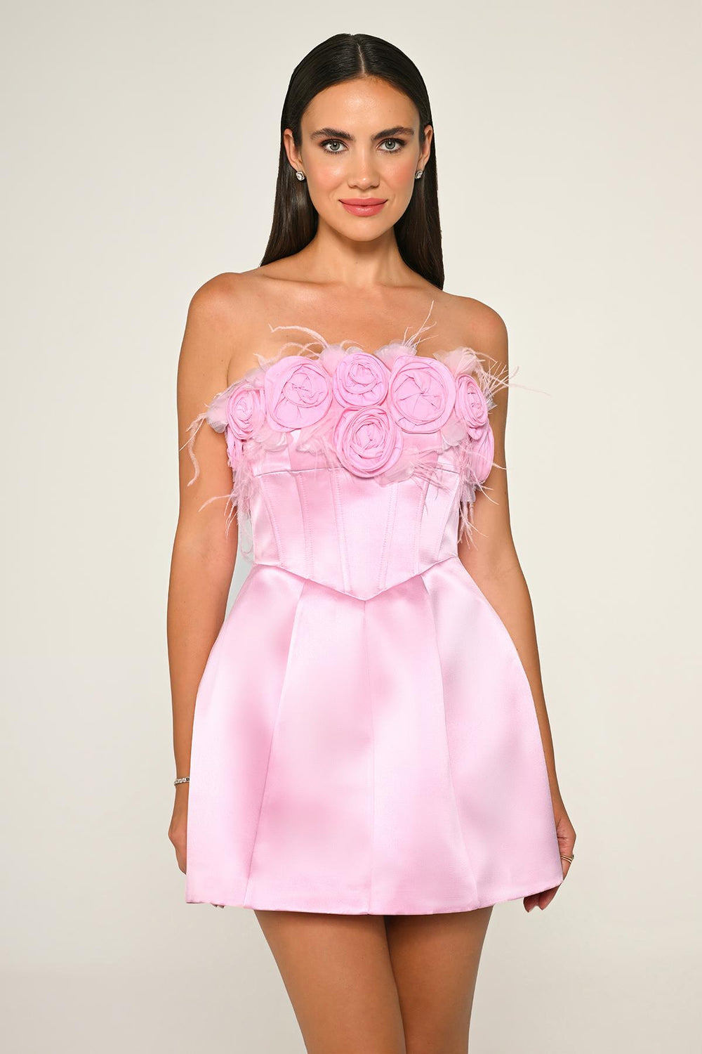 Strapless Top with Floral Accessory Matte Satin Short Dress