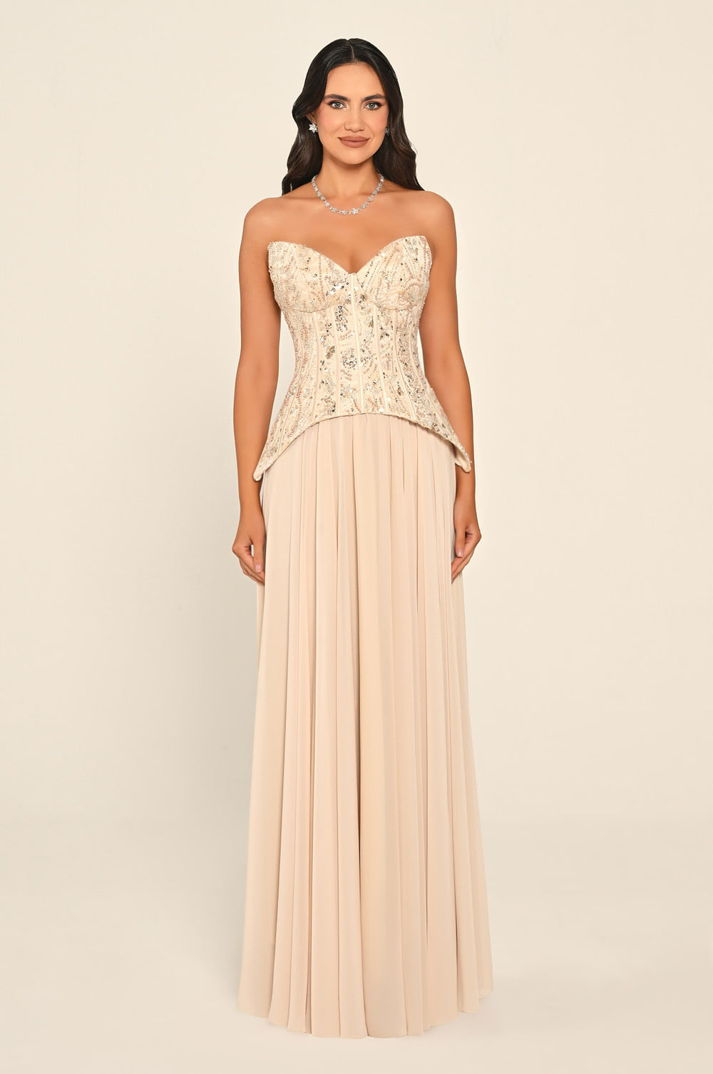 Strapless Top Floral Sequin Skirt Chiffon Long Dress