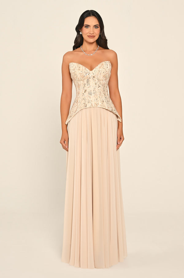 Strapless Top Floral Sequin Skirt Chiffon Long Dress