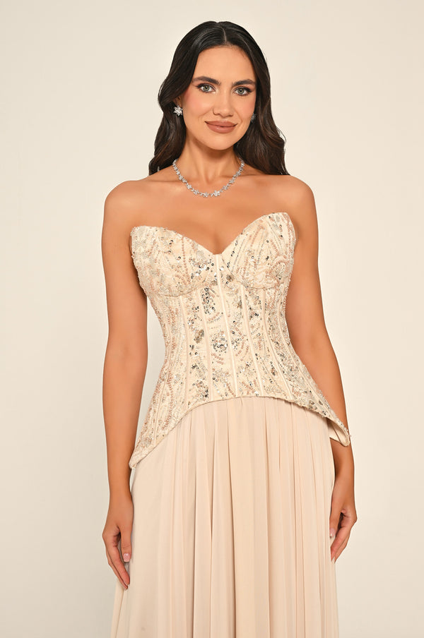 Strapless Top Floral Sequin Skirt Chiffon Long Dress