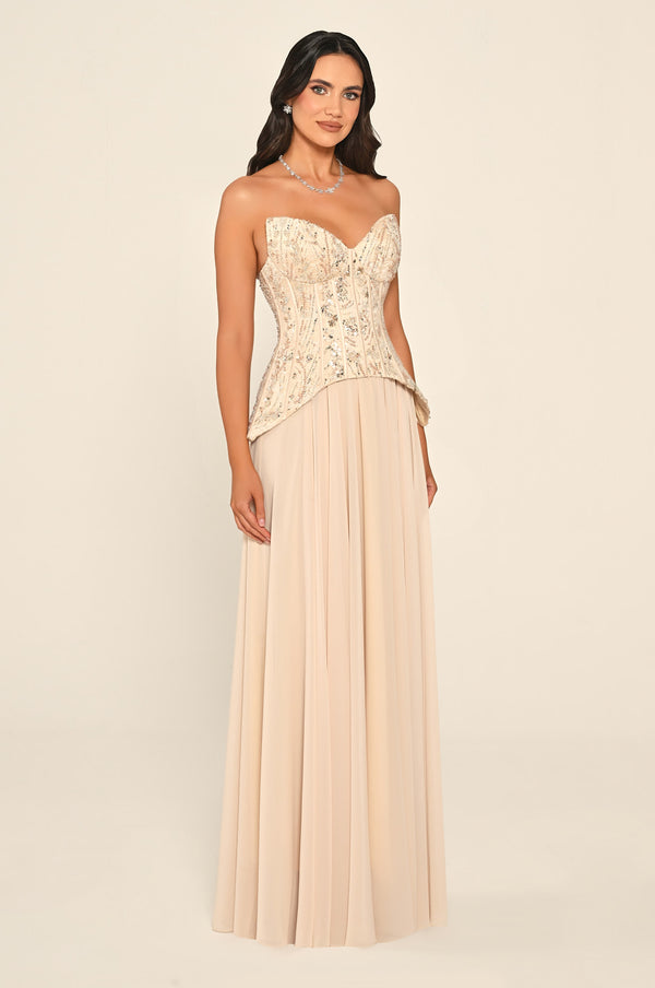 Strapless Top Floral Sequin Skirt Chiffon Long Dress