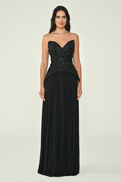 Strapless Top Floral Sequin Skirt Chiffon Long Dress