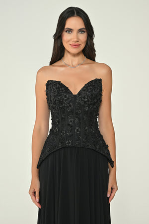 Strapless Top Floral Sequin Skirt Chiffon Long Dress