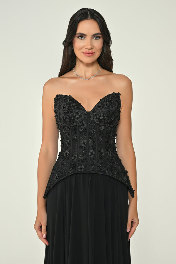 Strapless Top Floral Sequin Skirt Chiffon Long Dress