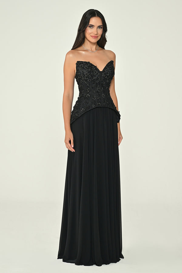 Strapless Top Floral Sequin Skirt Chiffon Long Dress