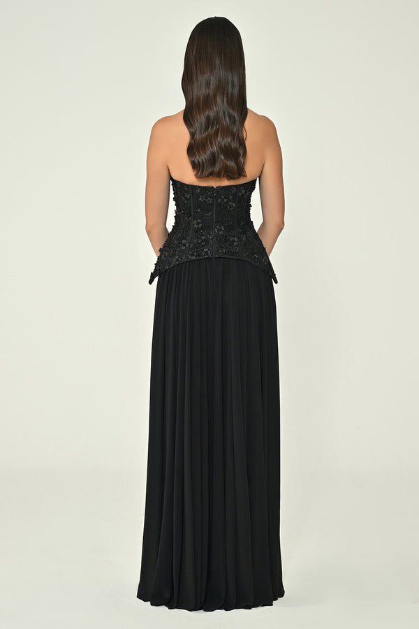 Strapless Top Floral Sequin Skirt Chiffon Long Dress