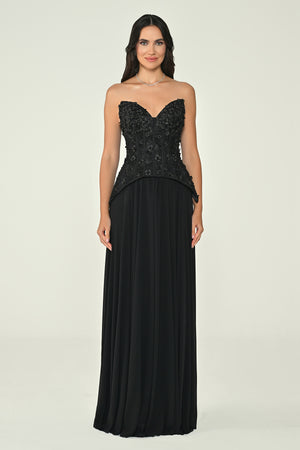 Strapless Top Floral Sequin Skirt Chiffon Long Dress