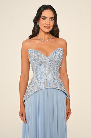 Strapless Top Floral Sequin Skirt Chiffon Long Dress