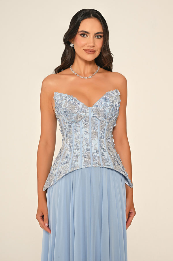 Strapless Top Floral Sequin Skirt Chiffon Long Dress