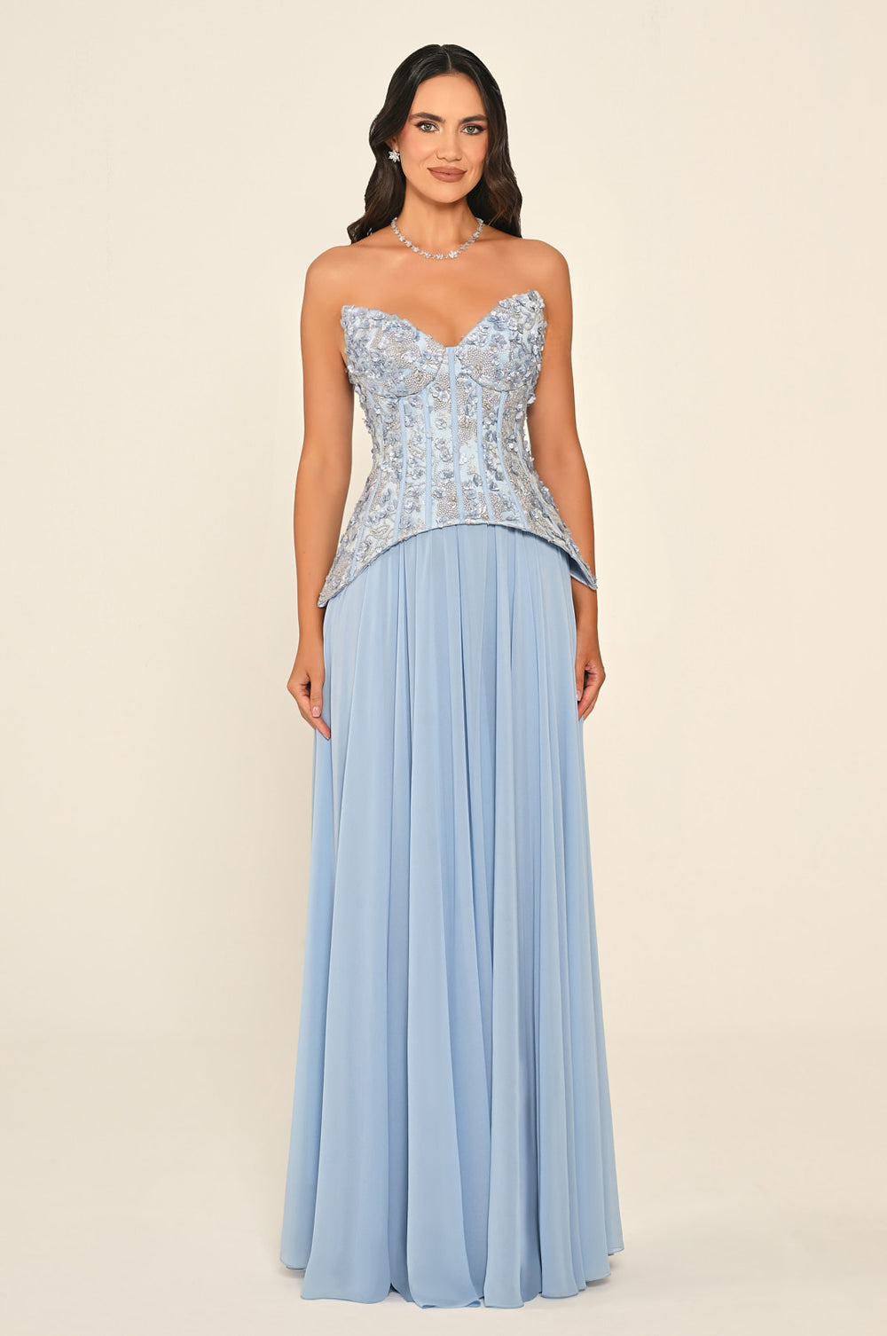 Strapless Top Floral Sequin Skirt Chiffon Long Dress