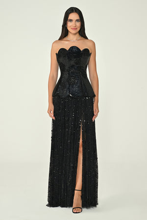 Strapless Top, Silk Velvet Skirt, Sequin Long Dress