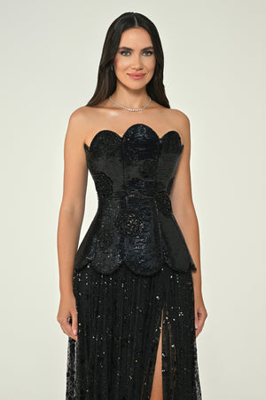 Strapless Top, Silk Velvet Skirt, Sequin Long Dress
