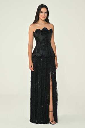 Strapless Top, Silk Velvet Skirt, Sequin Long Dress