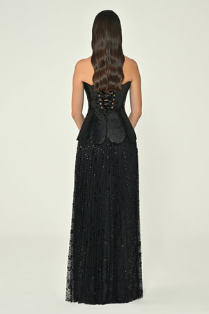 Strapless Top, Silk Velvet Skirt, Sequin Long Dress