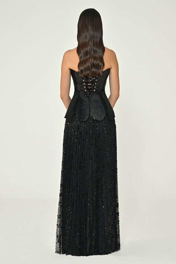 Strapless Top, Silk Velvet Skirt, Sequin Long Dress