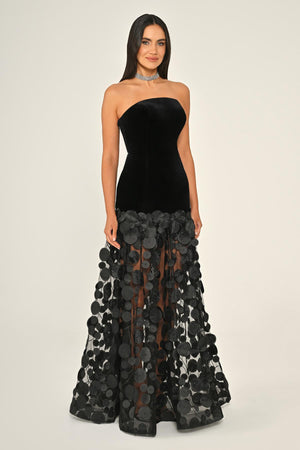 Strapless Top Velvet Skirt 3D Tulle Long Dress