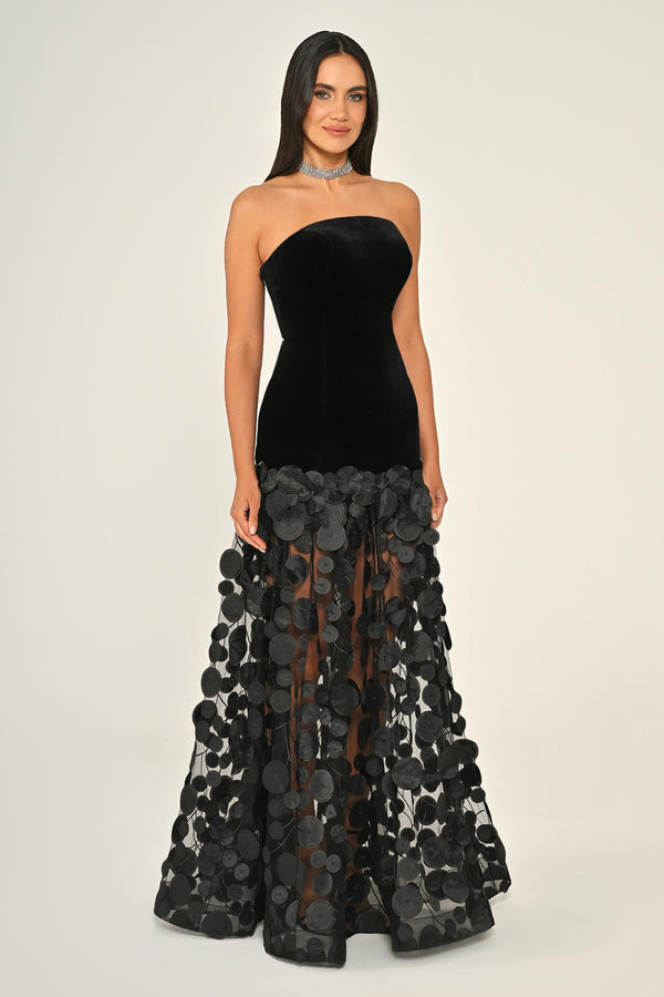 Strapless Top Velvet Skirt 3D Tulle Long Dress