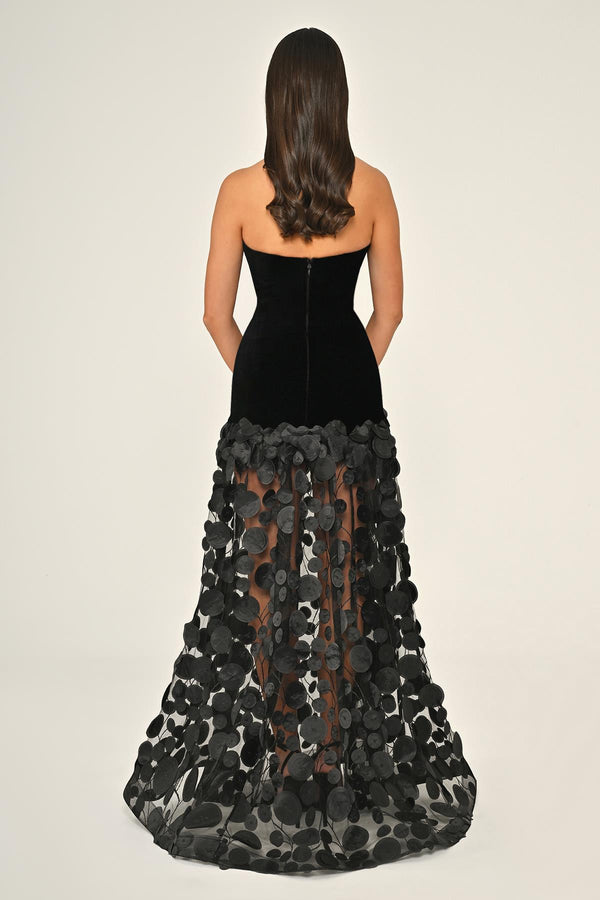 Strapless Top Velvet Skirt 3D Tulle Long Dress