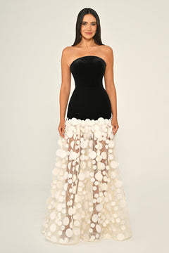 Strapless Top Velvet Skirt 3D Tulle Long Dress