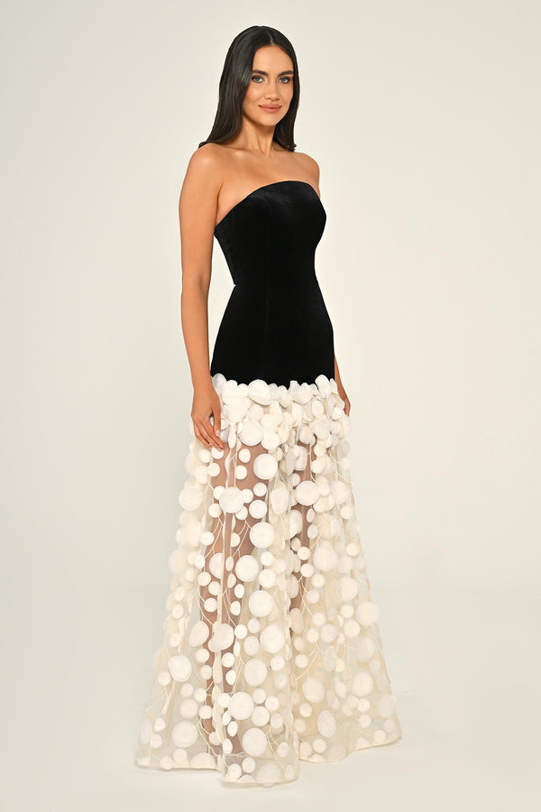 Strapless Top Velvet Skirt 3D Tulle Long Dress