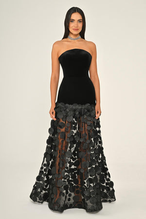 Strapless Top Velvet Skirt 3D Tulle Long Dress
