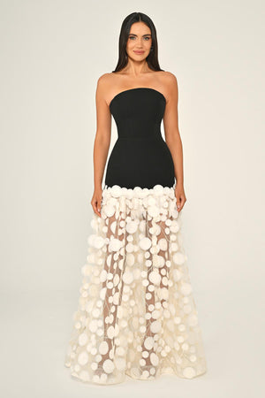 Strapless Top Crepe Skirt 3D Tulle Long Dress