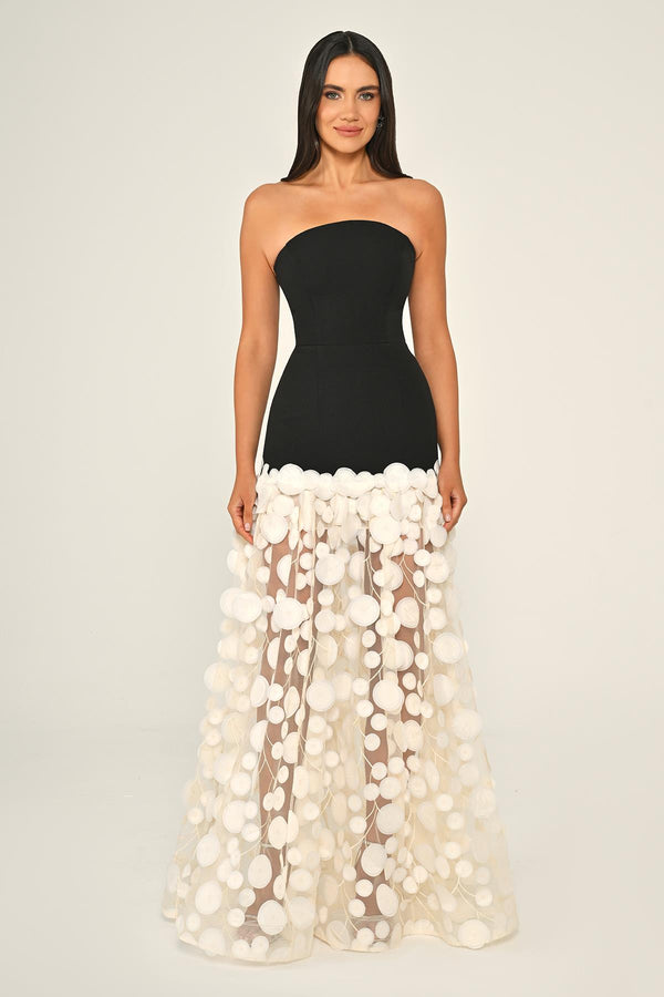 Strapless Top Crepe Skirt 3D Tulle Long Dress
