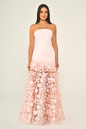 Strapless Top Crepe Skirt 3D Tulle Long Dress