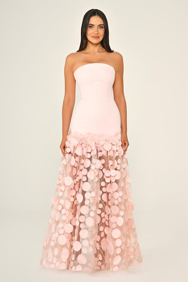 Strapless Top Crepe Skirt 3D Tulle Long Dress