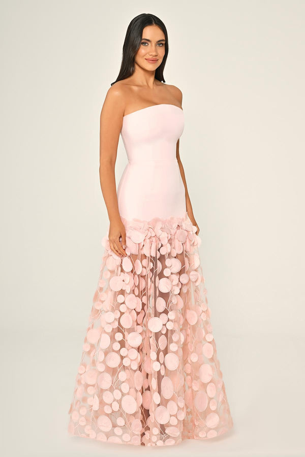Strapless Top Crepe Skirt 3D Tulle Long Dress