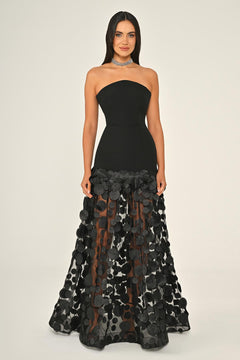 Strapless Top Crepe Skirt 3D Tulle Long Dress