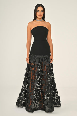 Strapless Top Crepe Skirt 3D Tulle Long Dress