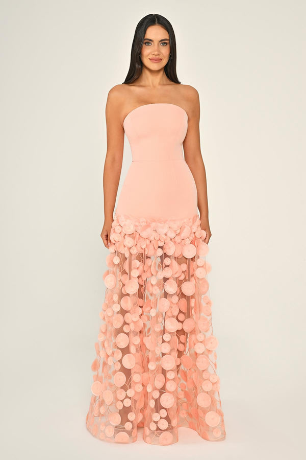Strapless Top Crepe Skirt 3D Tulle Long Dress