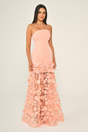Strapless Top Crepe Skirt 3D Tulle Long Dress