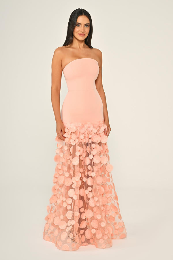 Strapless Top Crepe Skirt 3D Tulle Long Dress
