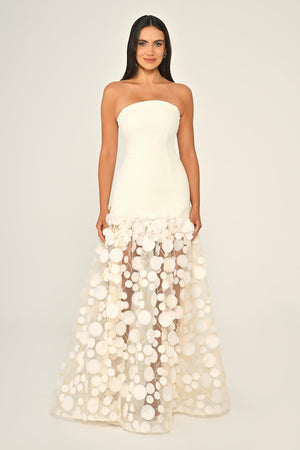 Strapless Top Crepe Skirt 3D Tulle Long Dress