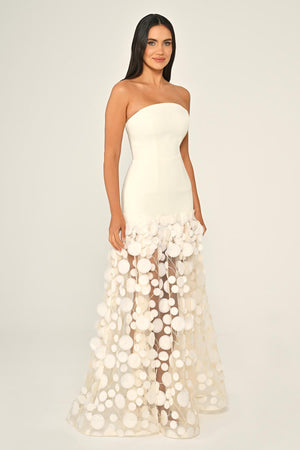 Strapless Top Crepe Skirt 3D Tulle Long Dress