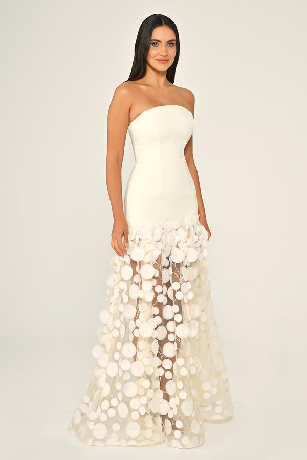 Strapless Top Crepe Skirt 3D Tulle Long Dress