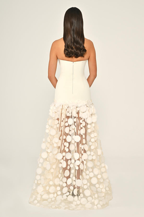 Strapless Top Crepe Skirt 3D Tulle Long Dress