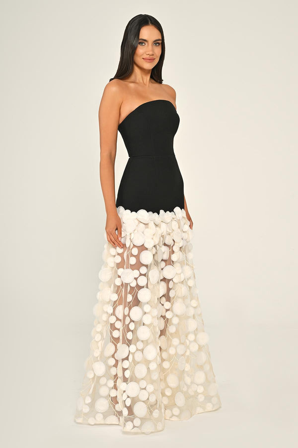 Strapless Top Crepe Skirt 3D Tulle Long Dress