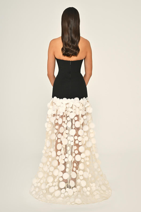 Strapless Top Crepe Skirt 3D Tulle Long Dress