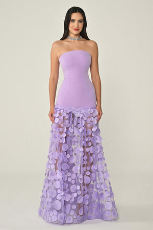Strapless Top Crepe Skirt 3D Tulle Long Dress