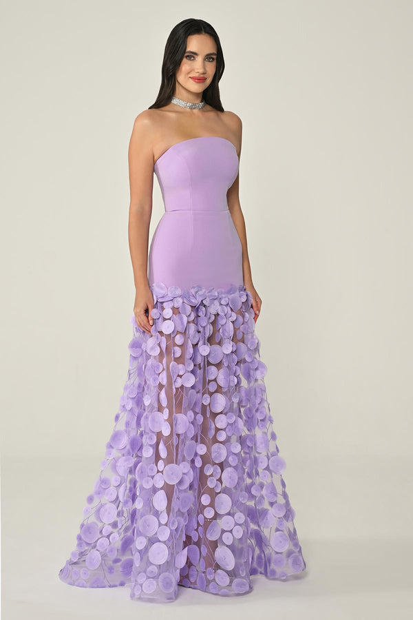 Strapless Top Crepe Skirt 3D Tulle Long Dress