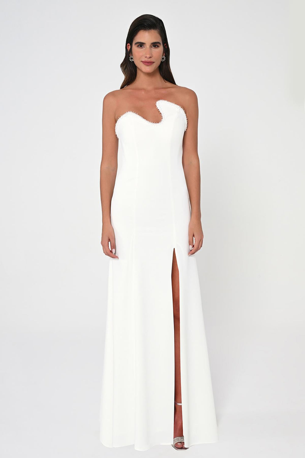 Strapless Embellished Asymmetrical Crepe Long Dress