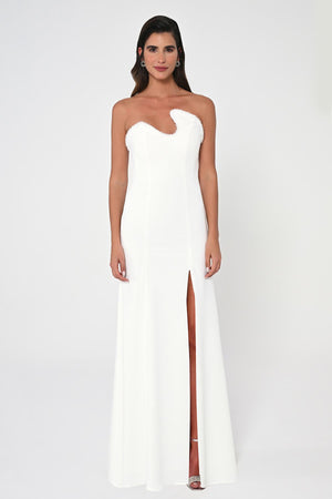 Strapless Embellished Asymmetrical Crepe Long Dress