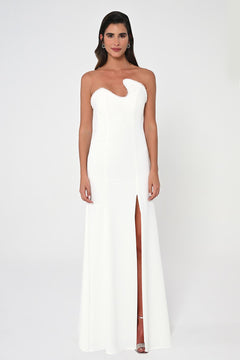 Strapless Embellished Asymmetrical Crepe Long Dress