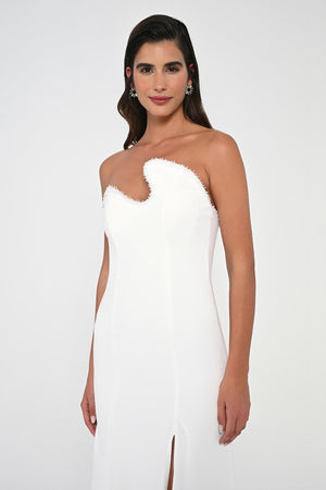Strapless Embellished Asymmetrical Crepe Long Dress